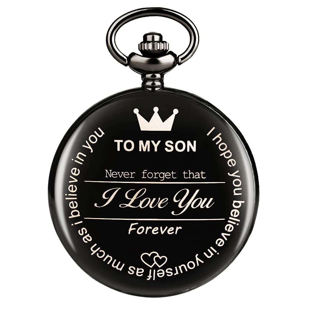 Tiongto My Son Pocket Watch Engraved Classic Vintage Quartz Pocket Fob Watch with Chain for Son Birthday Christmas Gifts