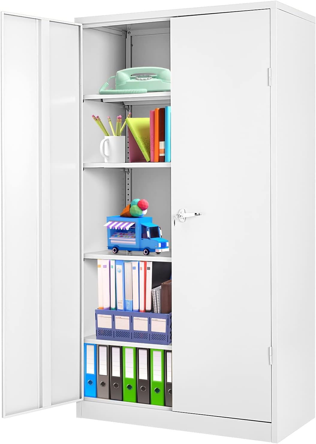 GREENVELLY Locking Metal Cabinet with 2 Doors, Tall Steel Storage Cabinet with 4 Adjustable Shelves,72” Lockable Metal Welded Storage Cabinet Lock for Office, Garage, Kitchen,Laundry Room (White)