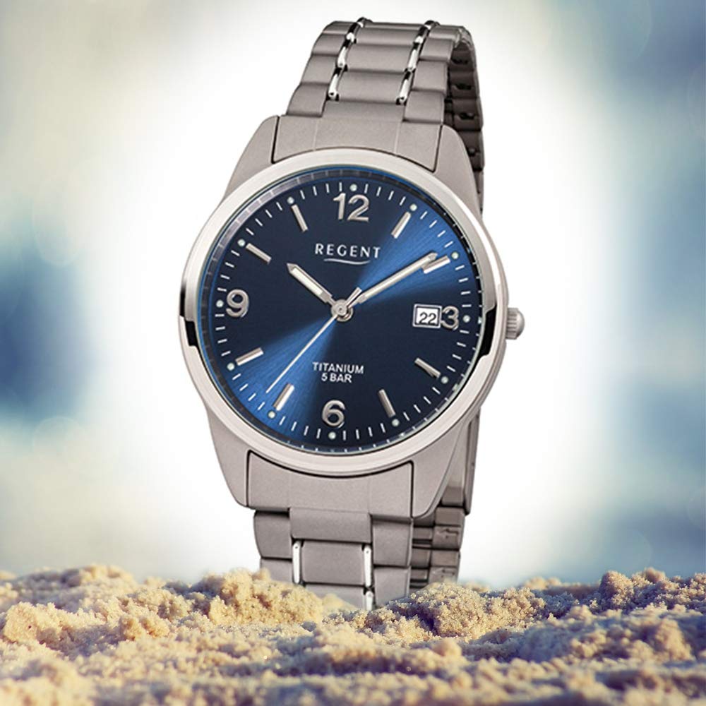 REGENT Zegarek męski z tytanowymi ogniwami bransoletka i tytanowa obudowa 36 mm średnica kwarcu cyfry arabskie data, niebieski, bransoletka