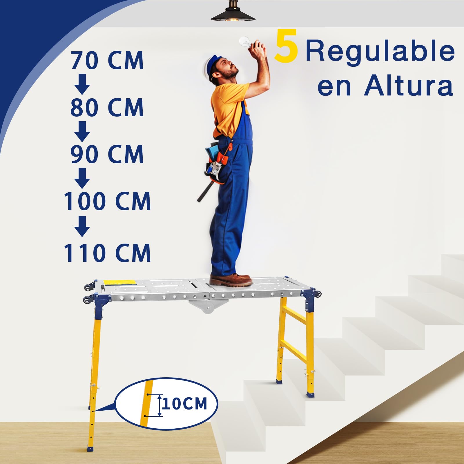 VKE Plataforma de Trabajo 140 × 36 × 110 CM de Chapa Galvanizada, 500 KG de Capacidad de Carga, Andamio Portátil, Escalera Andamio Plegable con 4 Ruedas Universales, Regulable en Altura