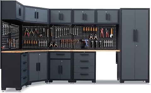 15-Piece Corner Garage Storage Cabinet System with Workbench and Pegboard