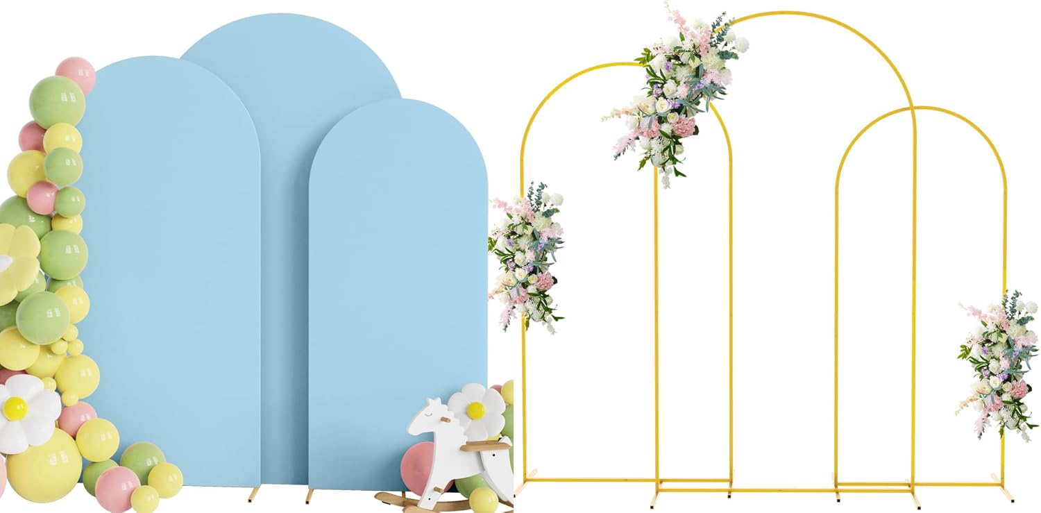 Asee'm Dusty Blue Wedding Spandex Arch Cover and Gold Arch Backdrop Stand Bundle Set of 3 (7.2FT,6.6FT,6FT)