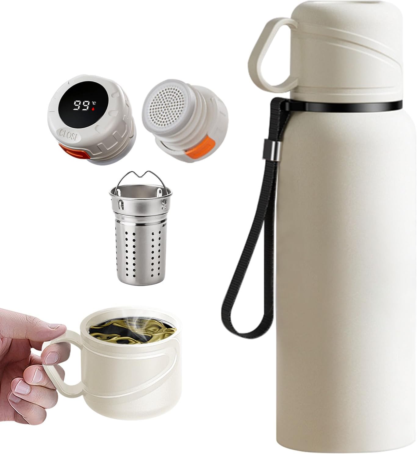 Double wall vacuum Leakproof stainless steel wide mouth insulated water bottle;tea tumbler with infuser,cup,lid;smart thermoses hot drinks;thermal flask ice coffee with led digital temperature display