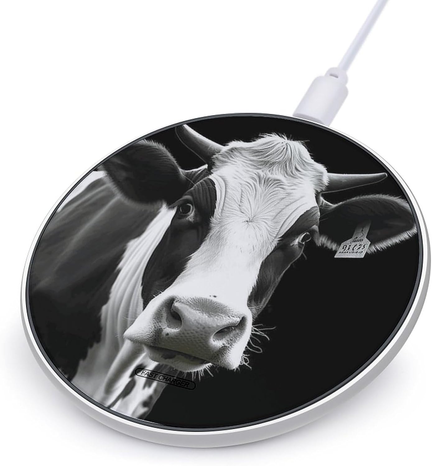 Animal Funny Cow Head Black White Wireless Charger Portable Fast Charging Pad Lightweight Wireless Charging Station for Phone Slim Charge Mat for Travel Home Office Desk