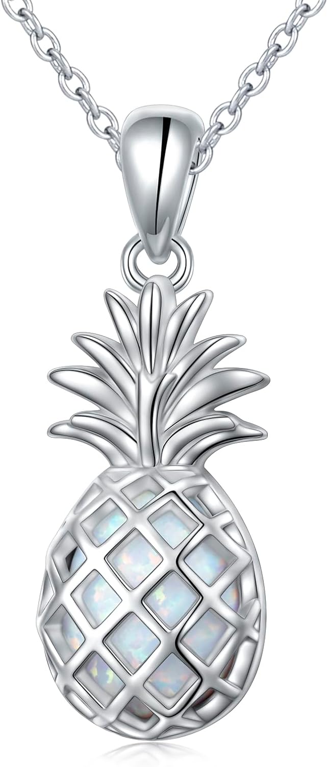 Women's Pineapple Necklace Sterling Silver Dainty Synthetic Opal Tropical Pineapple Pendant Necklace Cute Fruit Jewelry for Women Pineapple Charm Valentine's Day Gifts