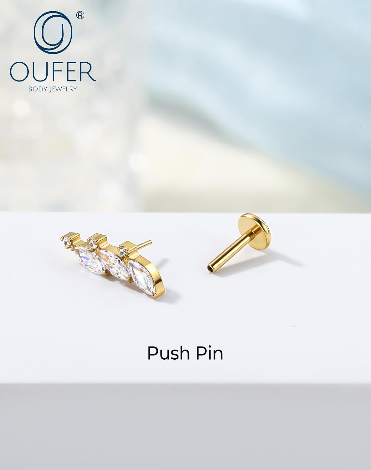 OUFER Titanium Helix Piercing Jewelry-18G Flat Back Push Pin Gold Forward Helix Earrings, Shiny Emerald CZ Labret Lip Cartilage Lobe Rook Tragus Piercing Jewelry