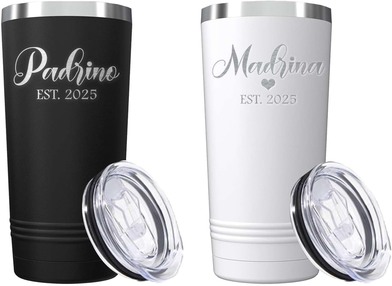 shop4ever Set of 2 Padrino Madrina Established 2025 Engraved Insulated Stainless Steel Tumbler with Lid 20 oz. Couples Gift (Black, White)