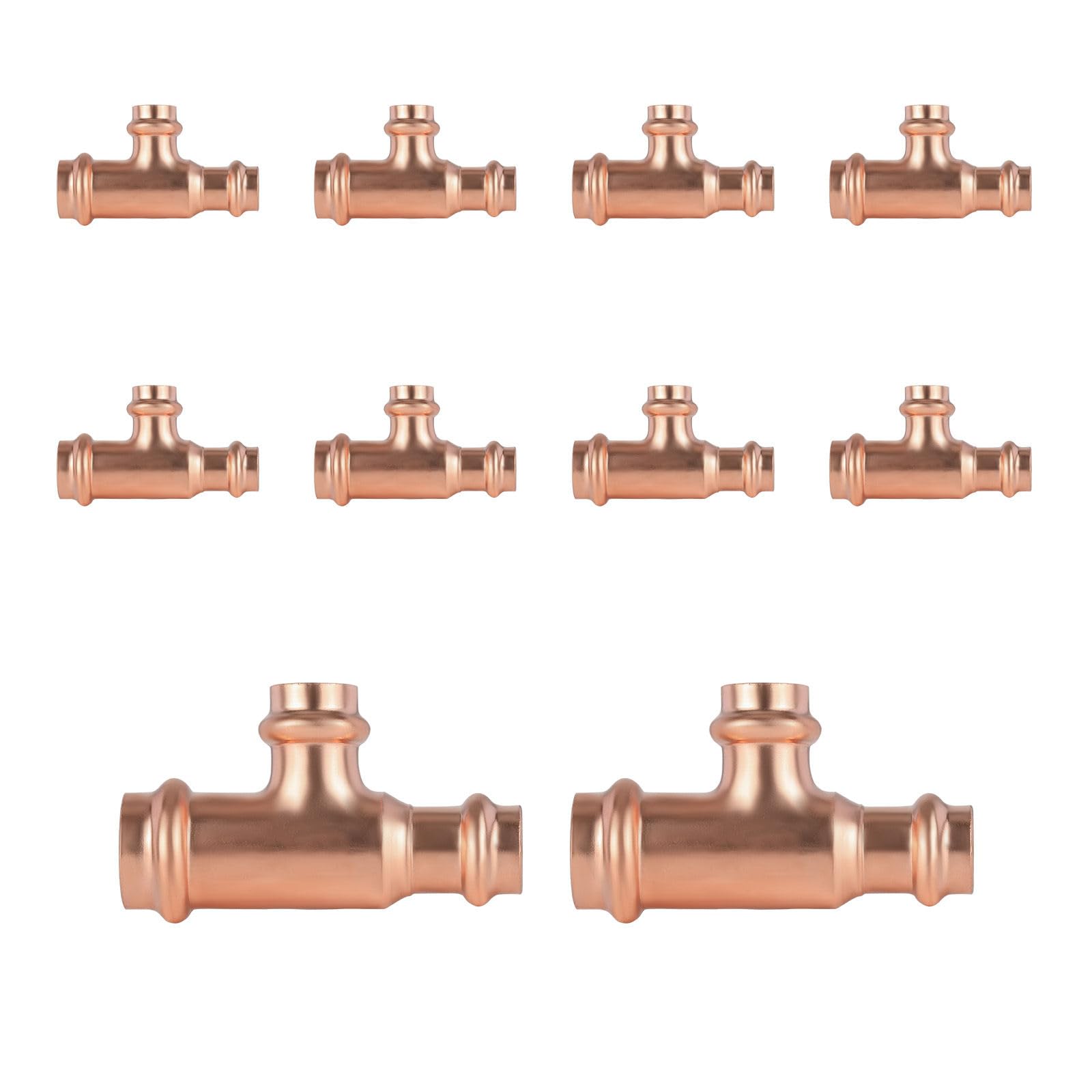 Paquete de 10 Conectores en T reductores de Cobre, 3/4" P x 3/4" P x 1/2", Conector en T Reductor de presión para plomería, Conector de Tres vías para derivación de tamaño de tubería.