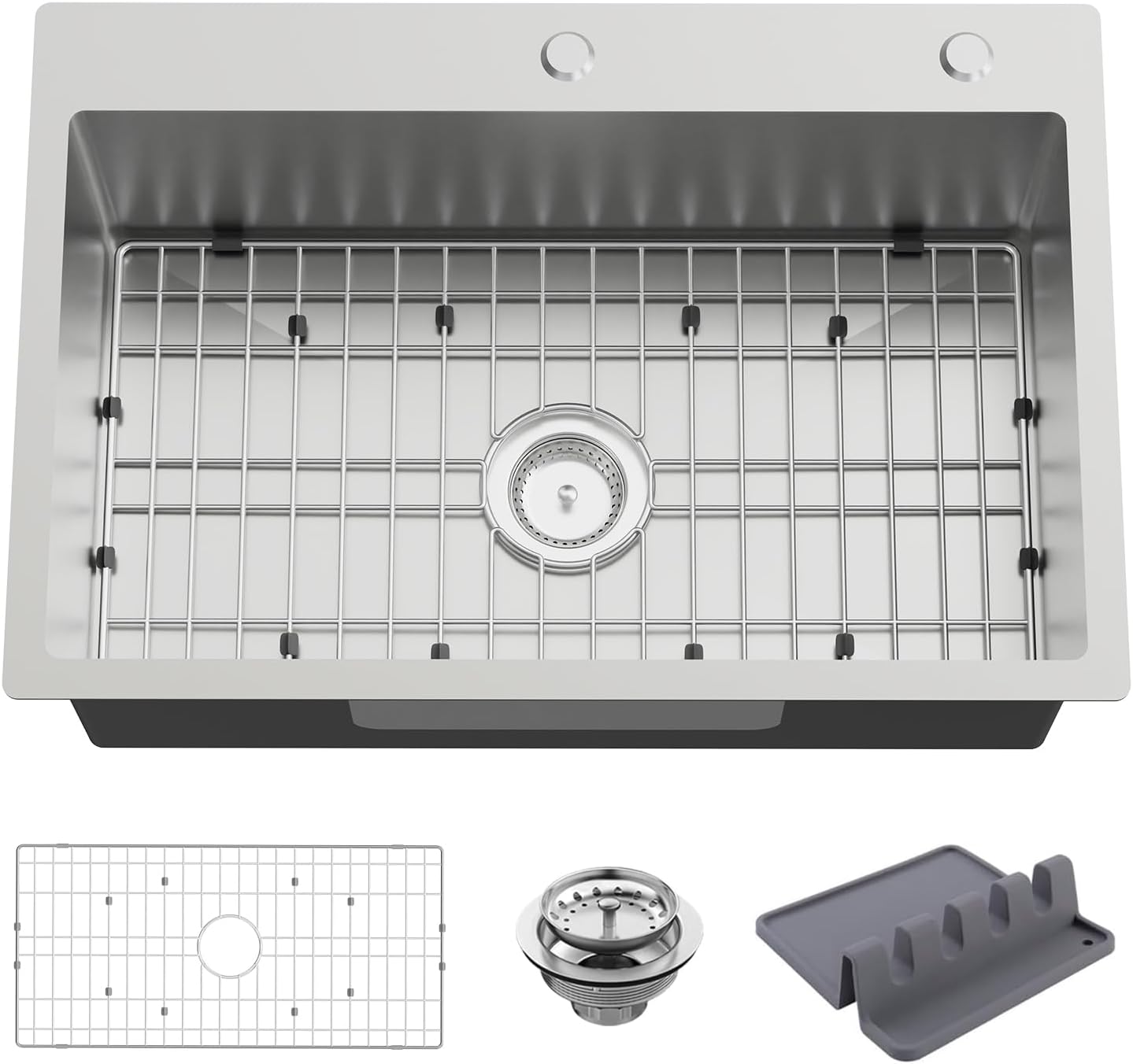 Kitchen And Bar Sink, 27x18 Inch Stainless Steel Drop In Modern Single Bowl Topmount Kitchen And Bar Sink Combo-SS Grid,Spoon Rest,Drain Strainer Set Compatibility With Various Kitchen&Bar Style 27x18 Stainless