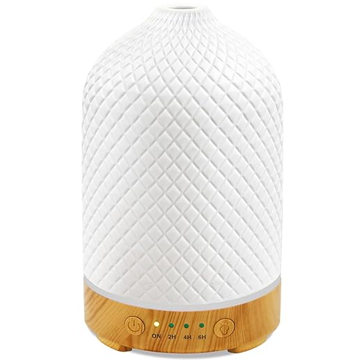 Essential Oil Diffuser Aromatherapy Air Cool Mist Diffuser 100ml Ceramic Aroma Scent Diffusers Humidifier with Auto Shut Off Ultrasonic Quiet/4 Timing Set/7 LED Lights for Home Office Sleep