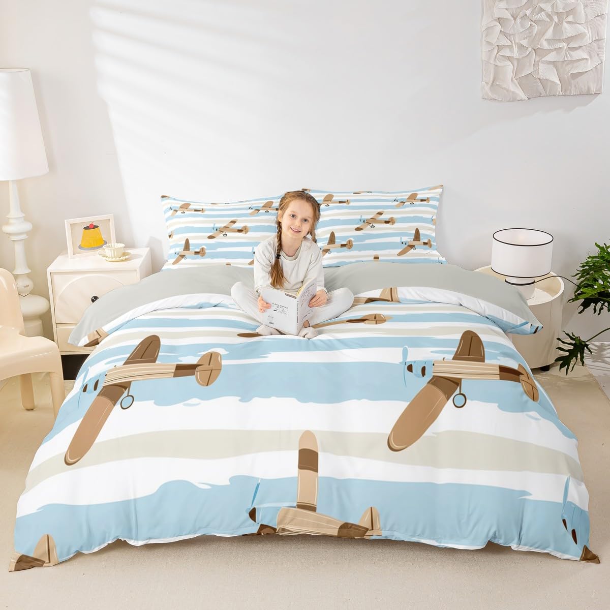 Homewish Retro Samolot King Zestawy Poszwa Na Kołdrę Kreskówka Latający Samolot Pościel Nowoczesna Kremowa Niebieskie Paski Kołdra Poszewka Śliczne Samoloty Zestaw Łóżek