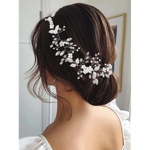 Yean Bride Wedding Headband Silver Flower Bridal Hair Accessories Pearl and Leaf Hair Piece for Women and Girls