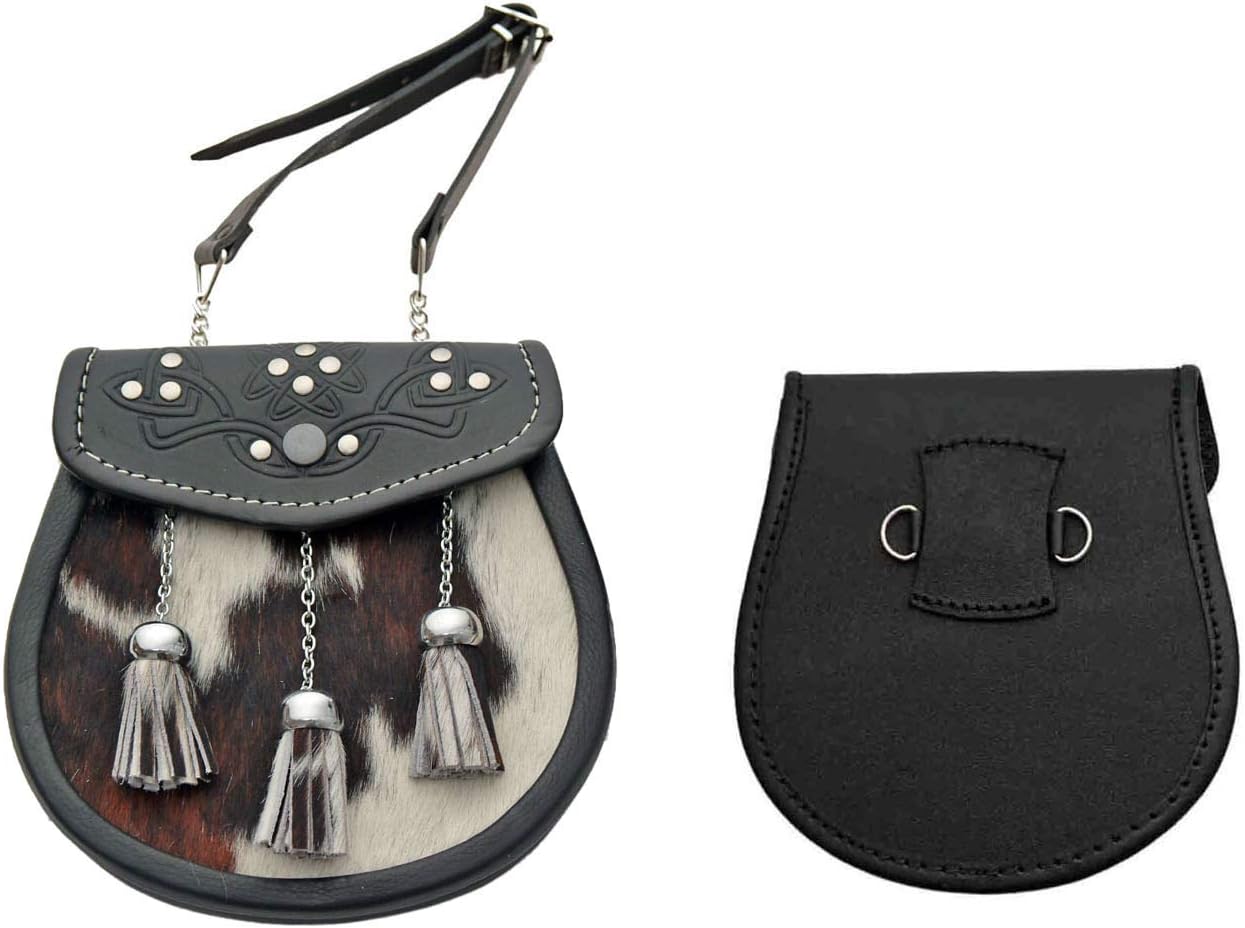 SZCO Medieval Sporran 8 Inch - Tasseled Cowhide Leather Pouch with 3 Tassels - Scottish Kilt Sporran with Chain Belt for Men - Medieval Bag for Costume & Renaissance Accessories