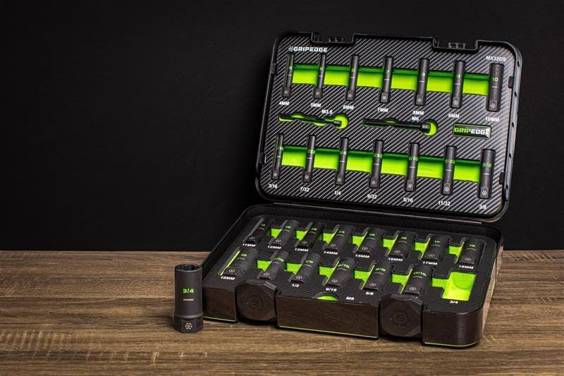 GripEdge | 32-PC 1/4" & 3/8" Drive Deep Metric & SAE Master Socket Extractor Set| Includes sizes - 4-19mm & 3/16-3/4" | Includes Premium Plastic Case With Foam Insert |