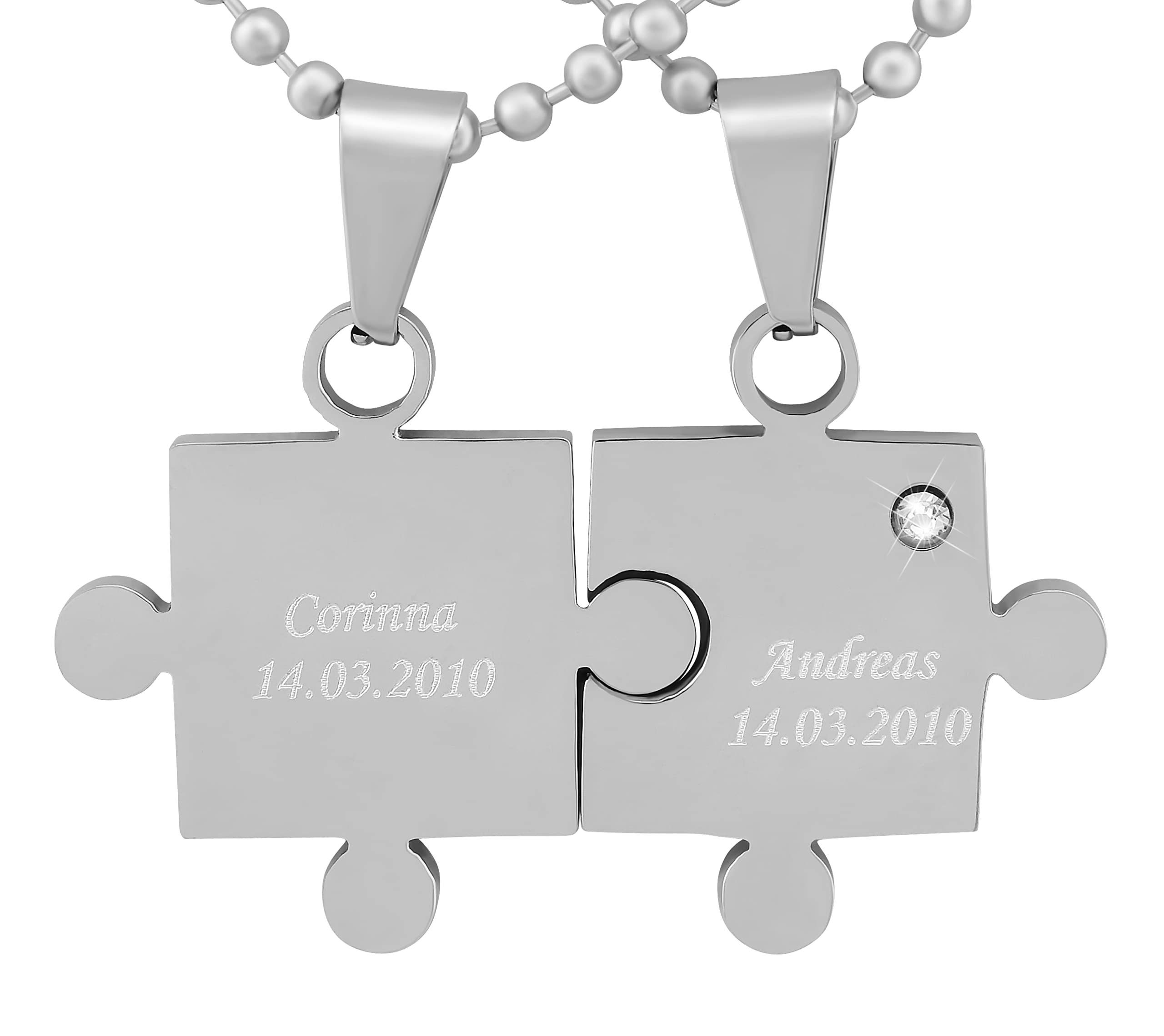 2 Stück Personalisierte Kette mit Gravur Edelstahl 60 cm mit Anhänger Herz Puzzle in silber - Personalisierte Geschenke für Damen Herren Freundin Freund - Partner Halskette für Sie und Ihn