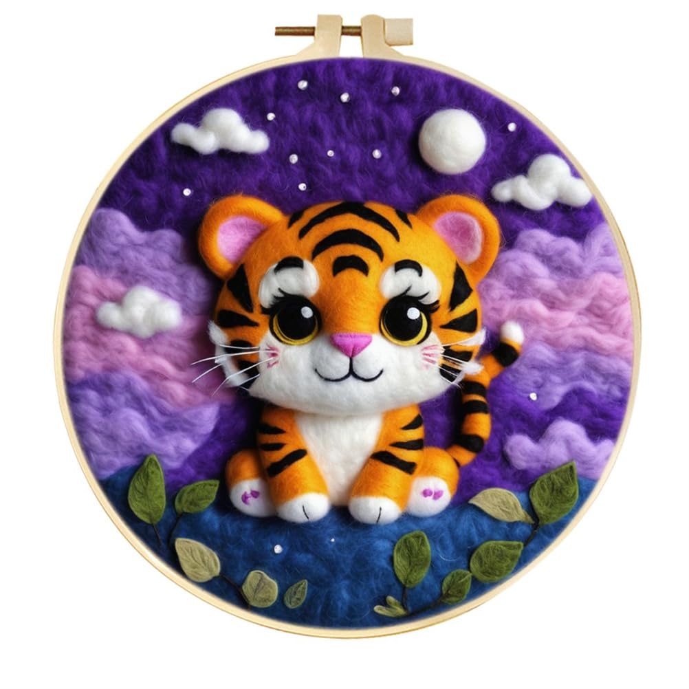 Meecaa DIY Needle Felting Kit for Beginners,Tiger Animal Including Wool Felt Supplies, Embroidery Hoops,Beautiful Wool Painting and Needle Felting Tools (Tiger)