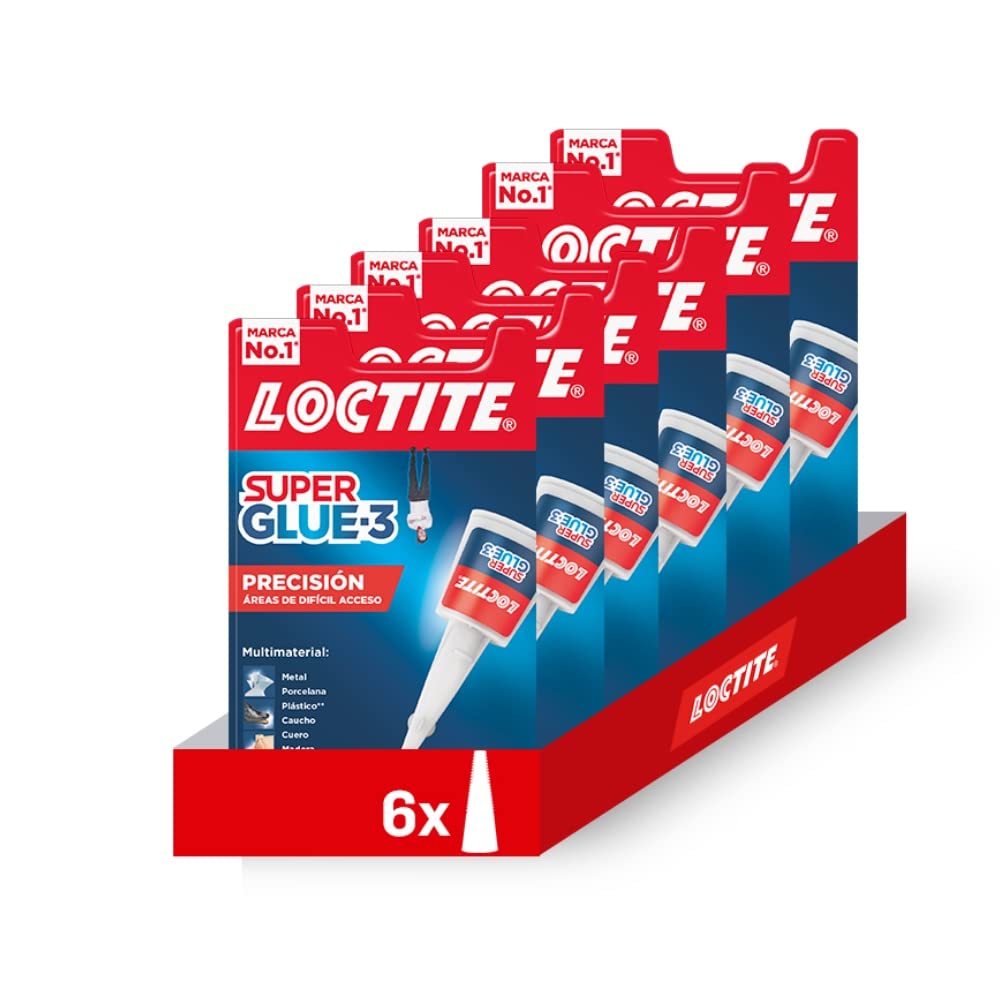 Pack 6 unidades Loctite Superglue 3 Pegamento Adhesivo instantáneo de Precisión - Pegamento Cianocrilato de Boquilla Extra Larga para Areas de Difícil Acceso