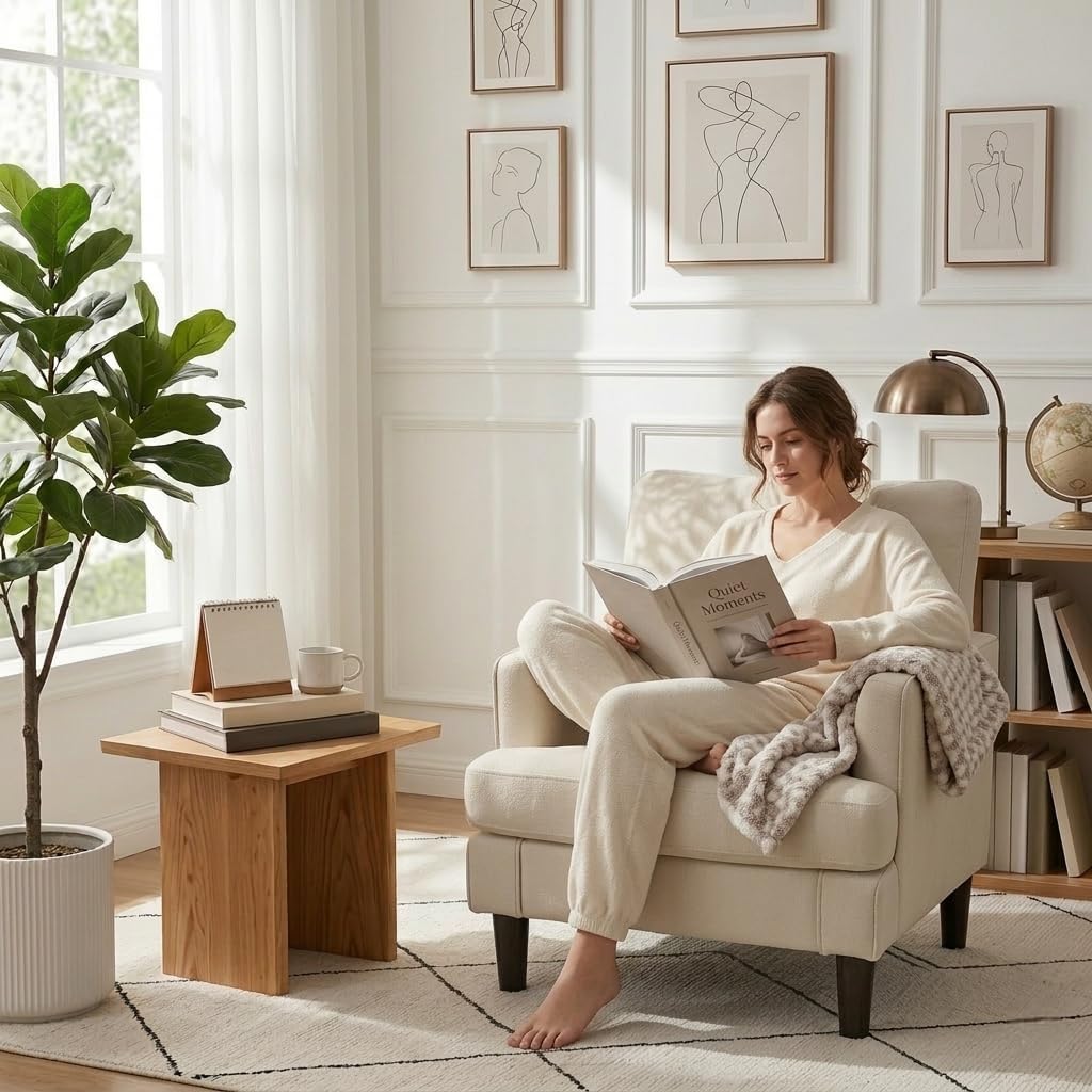 Kromax Accent Chair for Living Room Set of 2, No Screws Assembly Required, Mid-Century Reading Chair for Bedroom, Comfy Upholstered Armchair with Sturdy Legs, Single Sofa Chair for Apartment, Beige