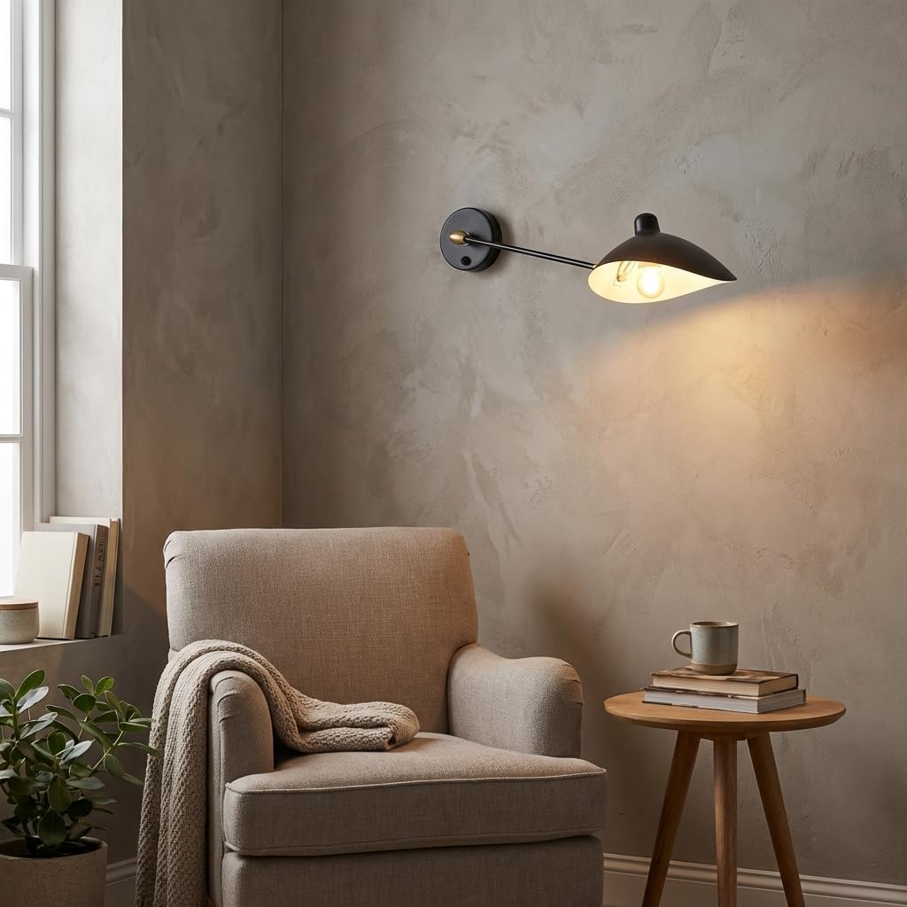 BARCELONA LED Wandleuchte mit schwenkbarem Arm, schwarze industrielle Vintage-Wandleuchte aus Metall und Eisen, modernes und retro Design, verstellbare Beleuchtung Schlafzimmer
