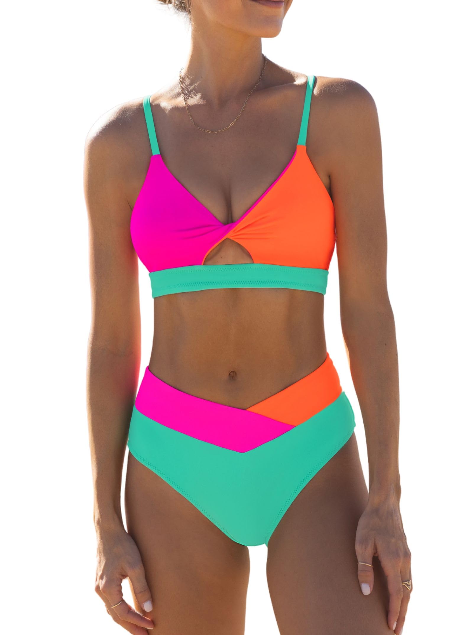 popvil Neon Color Block High Waisted Bikini Sets Women's V Neck Two Piece  Swimsuit Twist Front Cutout Bathing Suits