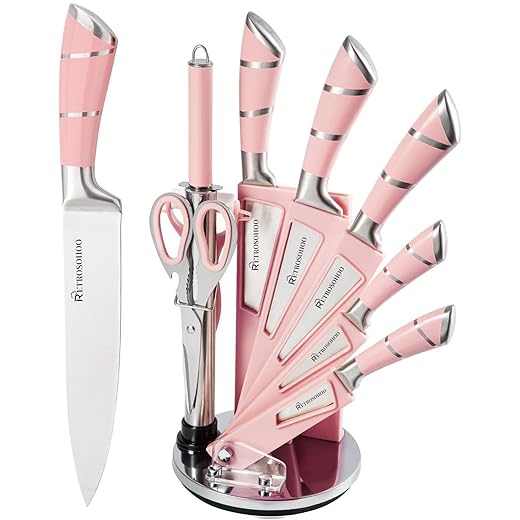 Kitchen Knife Set, Retrosohoo 9-Pieces Pink Sharp Non-Stick Coated Chef Knives Block Set,Stainless Steel Knife Set for Kitchen with Sharpener for Cutting Slicing Dicing Chopping (Pink)