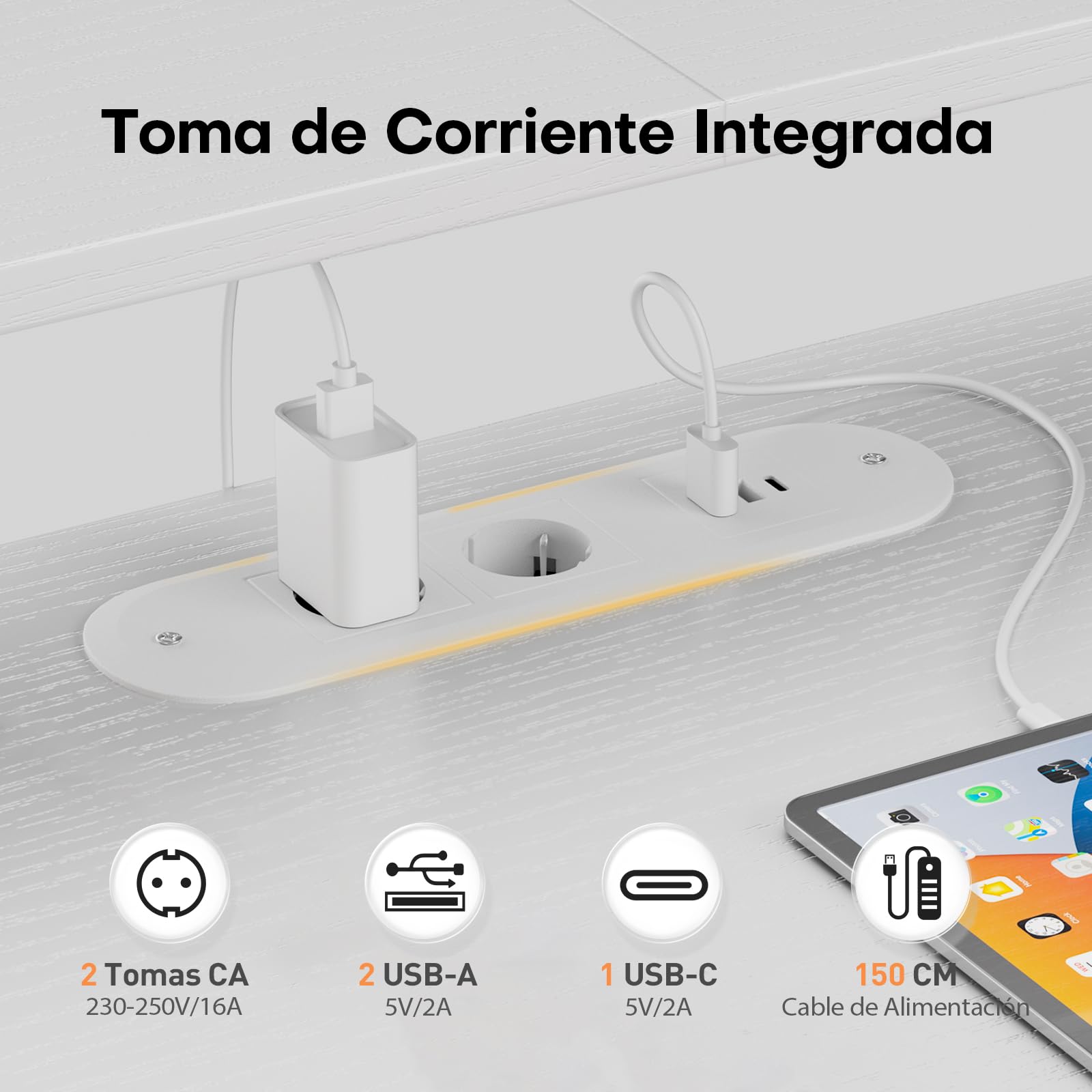SOLAVERO Escritorio Gaming con LED y Enchufe Integrado, 112cm Mesa Gaming Reversible con Estanteria & Cajones de Tela, Mesa Ordenador con Soporte para Monitor y Gancho para Auriculares, Blanco
