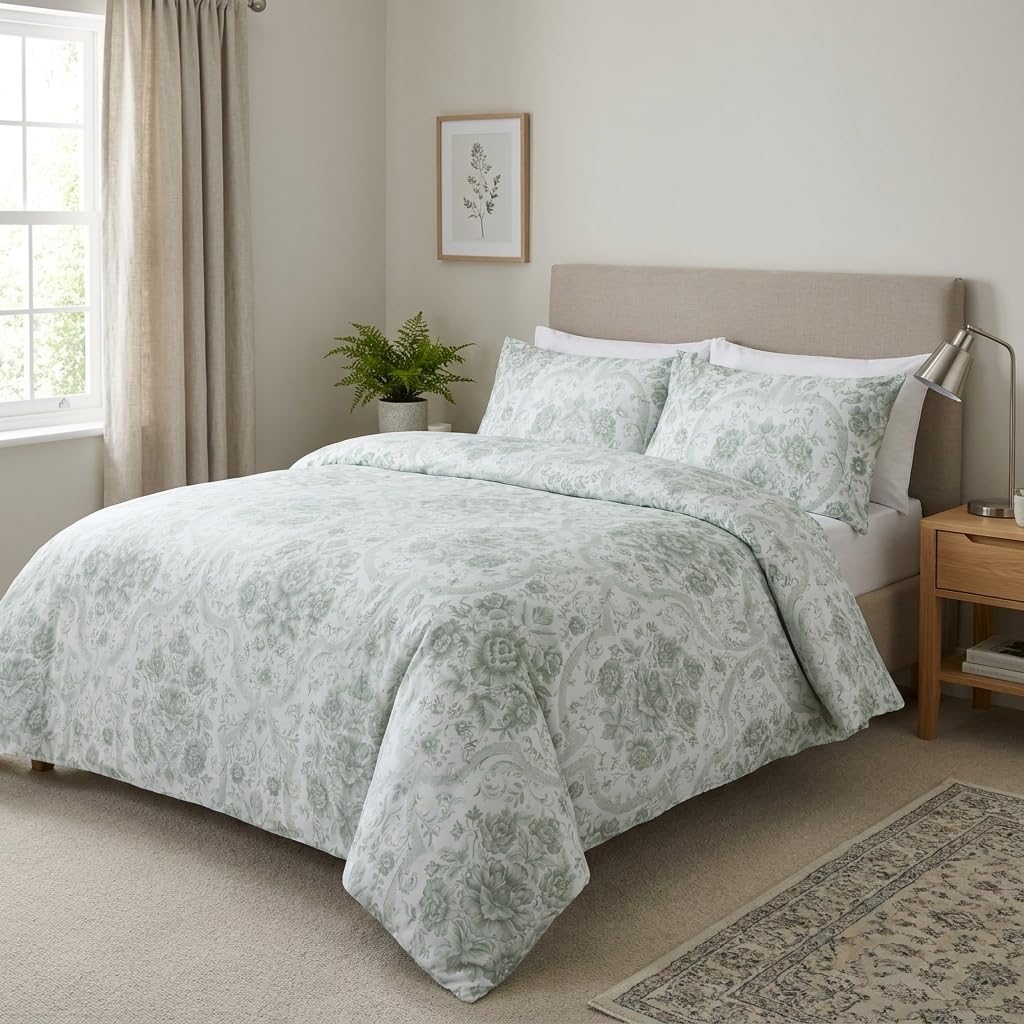 M&J Home 3 Piece Double Duvet Cover Set, Damask Green, Polycotton Blend 132 Thread Count, OEKO-TEX Certified, Button Closure, Includes Duvet Cover & Pillowcases