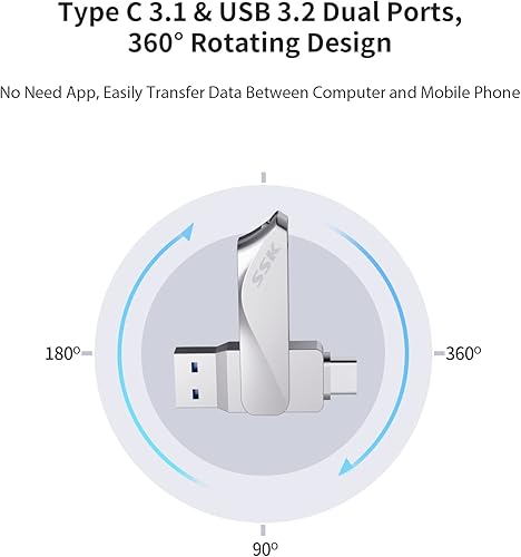 Miniatura 7 de SSK Unidad flash USB C de 128 GB, unidad dual 2 en 1 OTG USB A 3.2 Gen 1+ tipo C Memory Stick Thumber, Thunderbolt Pendrive hasta 200 MBs velocidad