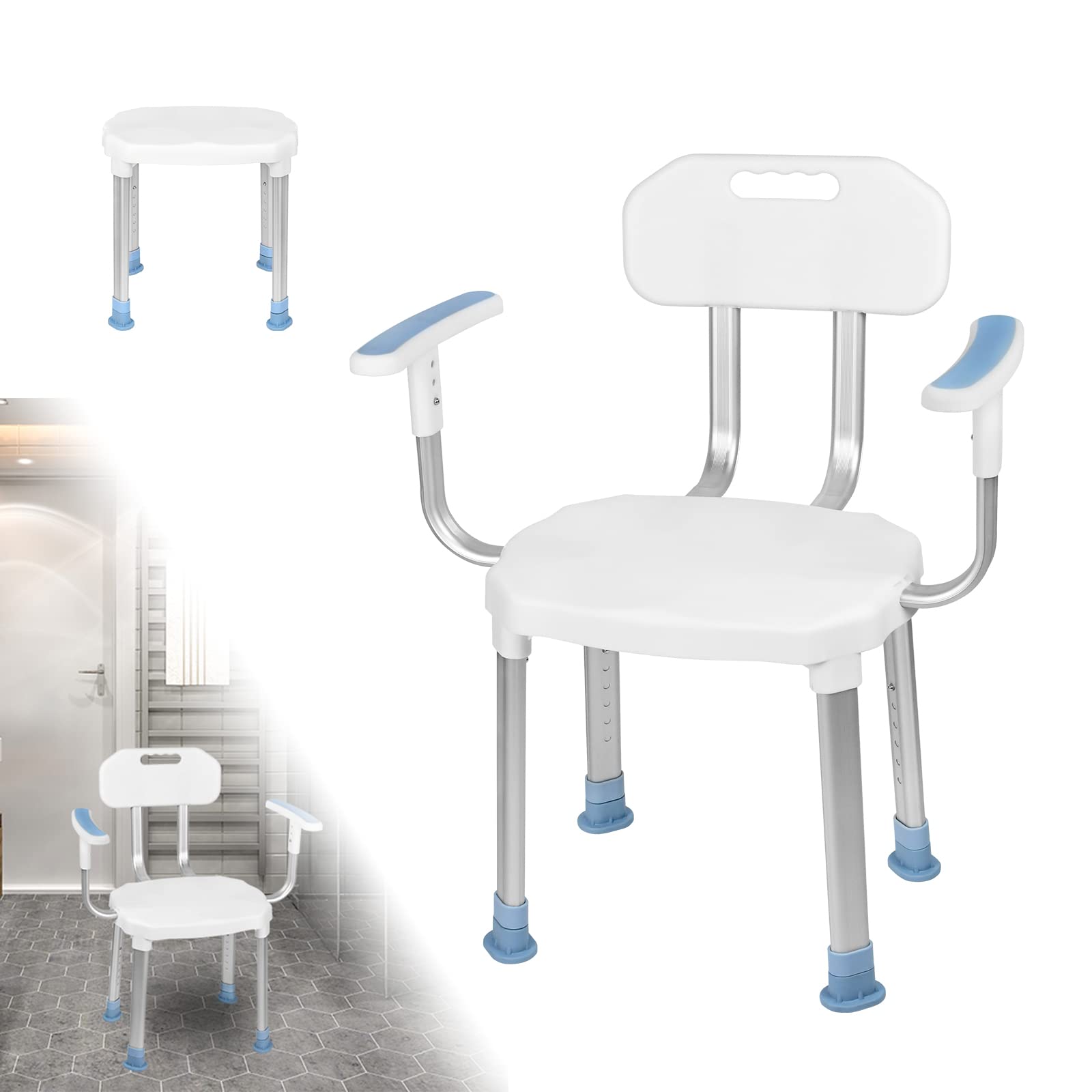 LZQ Silla de ducha con altura regulable, taburete de baño, taburete de ducha, silla de ducha para personas mayores, con respaldo y reposabrazos y alfombrilla azul EVA