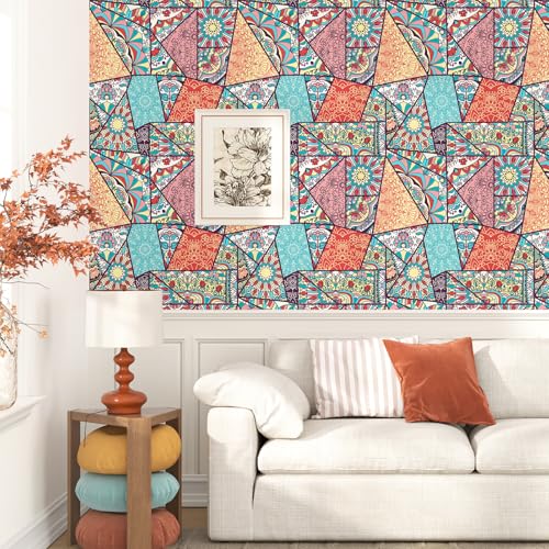 Wallercity Colorful Boho Peel and Stick Wallpaper for Home Wall Decor Abstract Geometric Abstract Geometric Self Adhesive Waterproof Floral Wallpaper for Bedroom Kitchen Cabinets Shelf 17.5''x102'' by Wallercity - Used condition - Image 2