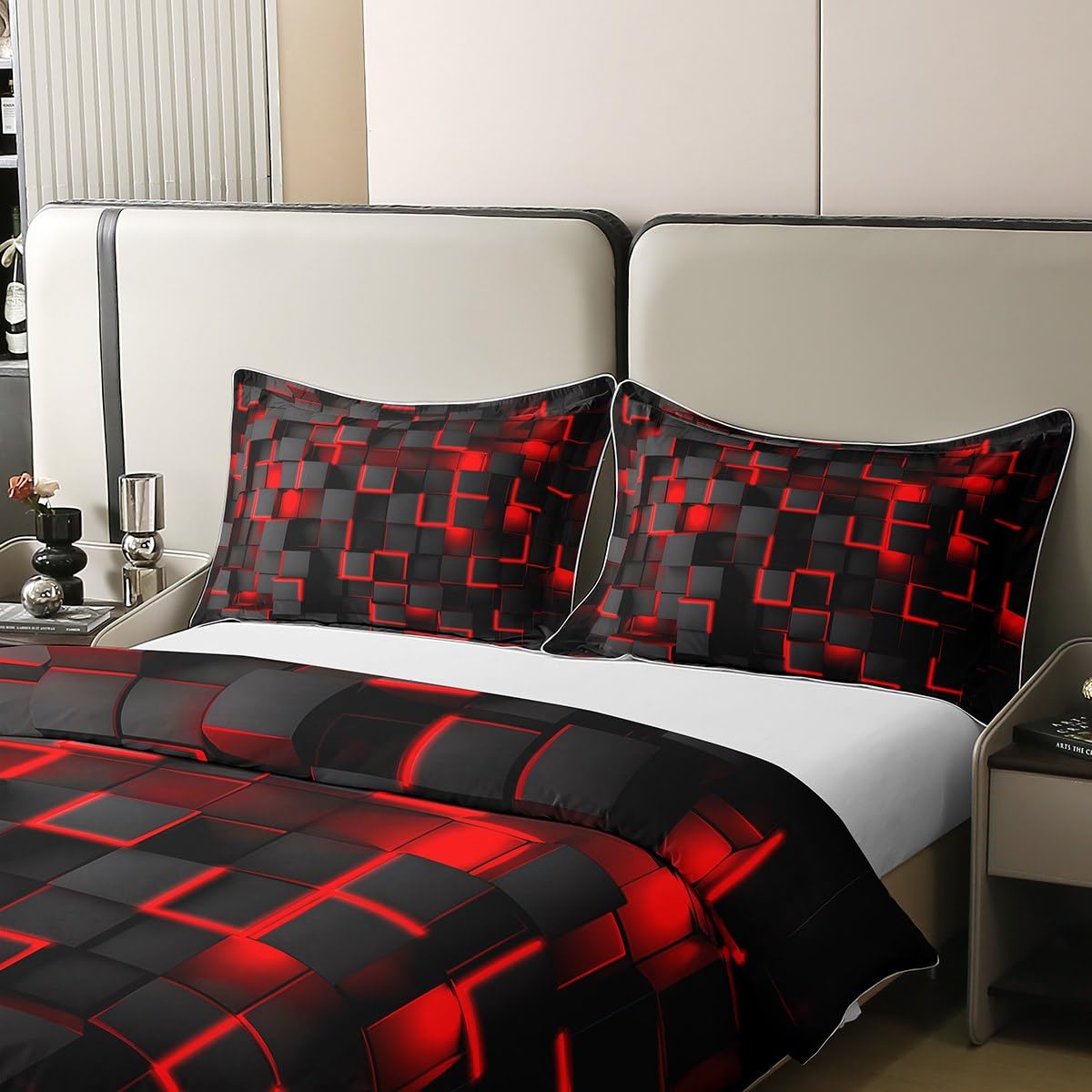 Rot und Schwarz Bettwäsche-Set, 100 % Baumwolle, leicht, geometrische Bettwäsche für Kinder, Jungen, Mädchen, Geometrie, Dekoration, Bettbezug 220 x 240 cm, moderner Stil