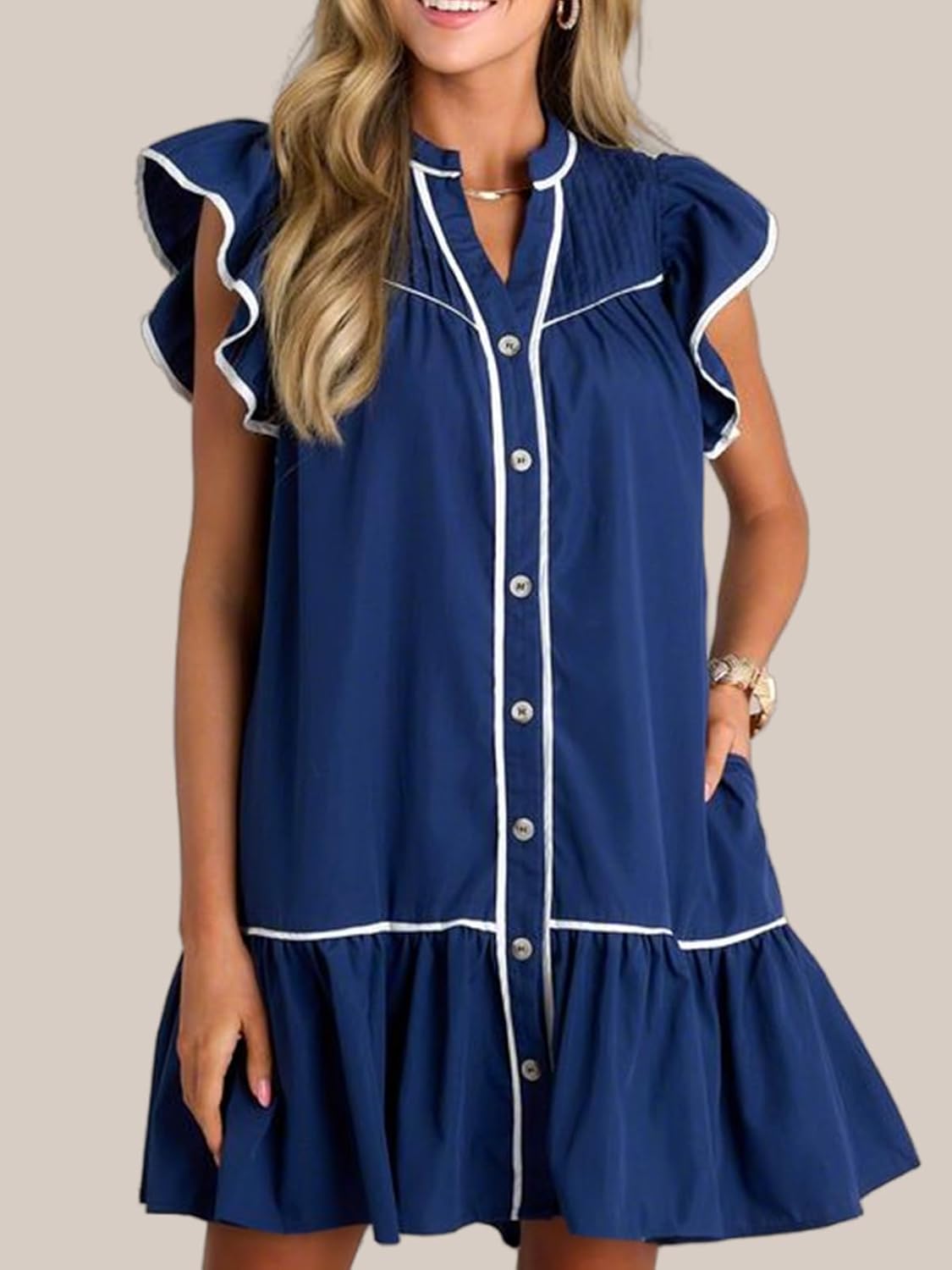 Women's Button Down Ruffle Cap Sleeve Mini Dress V Neck A Line Flowy Babydoll Short Dresses with Pockets - Image 3