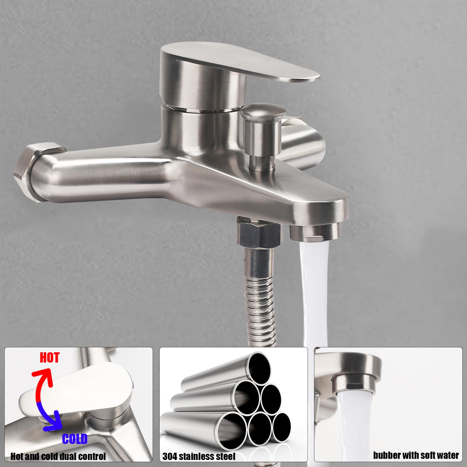 Rubinetto Vasca da Bagno con Doccetta, Miscelatore Vasca da Bagno in Acciaio Inox, Rubinetto Doccia da Muro Monocomando, Miscelatore Doccia Esterno, per Bagni, Vasche, Argenteo