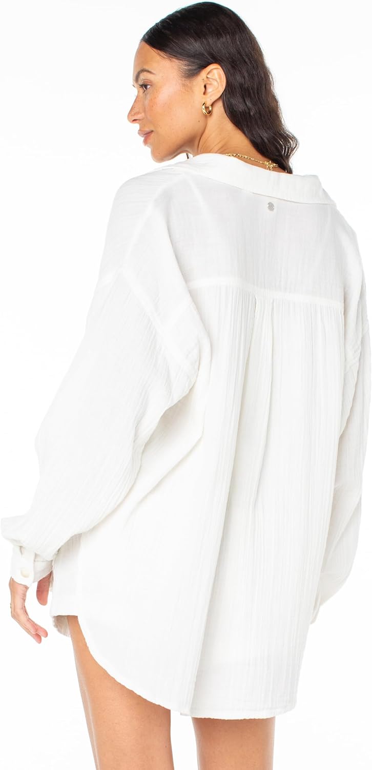 Roxy Womens Morning Time Button Up, Long Sleeve Flowy Breathable Dress Shirt Business Casual Collar Beach Shirt 100% Cotton