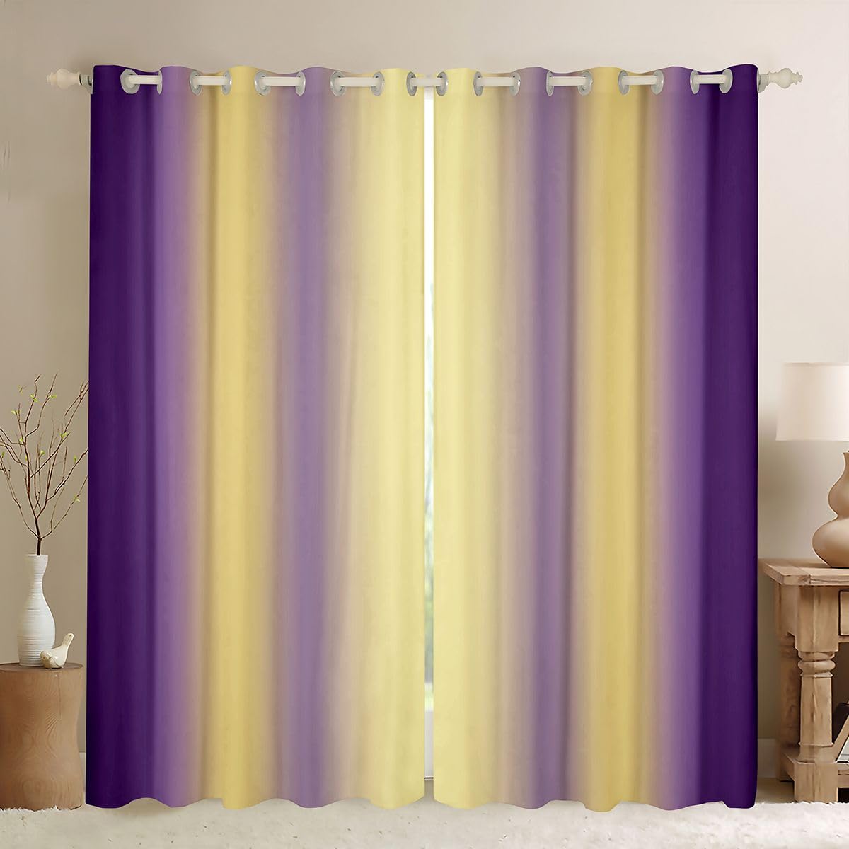 jejeloiu (2 Panels, 42 x 84 Inch Purple and Yellow Darkening Drapes Gradient Style Curtains for Bedroom for Kids Women Men Ombre Printed Blackout
