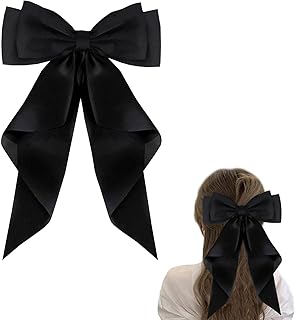 مشابك شعر بفيونكة كبيرة من الساتان الحريري الطويل من انبولم، مشبك شعر على شكل فيونكة للنساء، دبوس شعر بنمط عتيق كبير بفيونكة من الساتان الناعم والحريري بلون سادة للنساء والبنات (أسود)