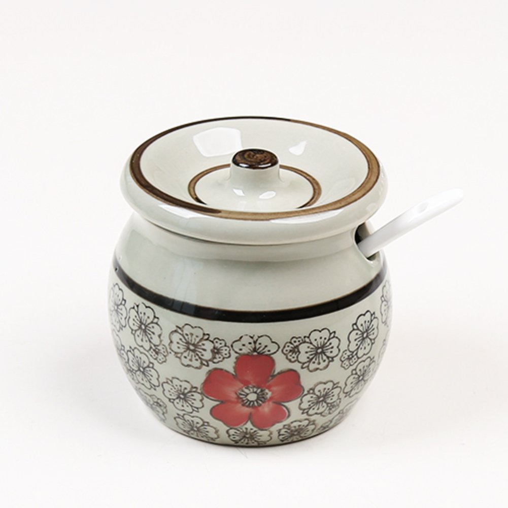 DKOSHDUISHKG Japanese style hand-painted with lid spoon seasoning box,Kitchen ceramic spice box (Salt shaker) Chili oil tank Seasoning jar home-A