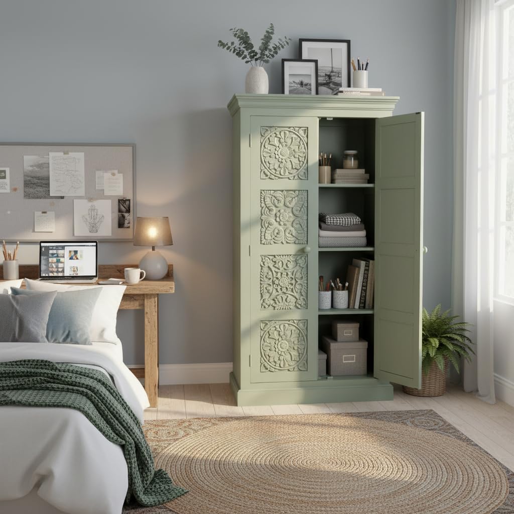 APRODZ Floreale Mango Wood Wardrobe for Bedroom 2-Door Modular Wooden Almirah for Storage/Space Saving Storage Organizer Rack Clothes Cupboard for Bedroom (Sage Green Finish)-image-23