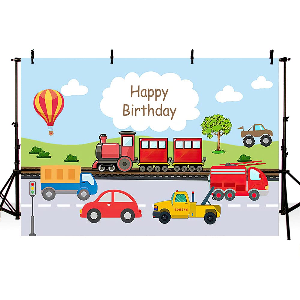 Happy 2nd Birthday Backdrop - Choo Choo Train Theme Photo Background With Balloons