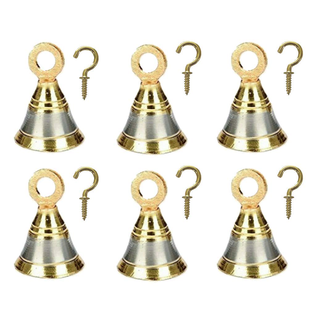 Sun Shield Decorative Brass Bell for Pooja Room, Silver Gold 50mm, 2 Inch - Set of 6 pcs