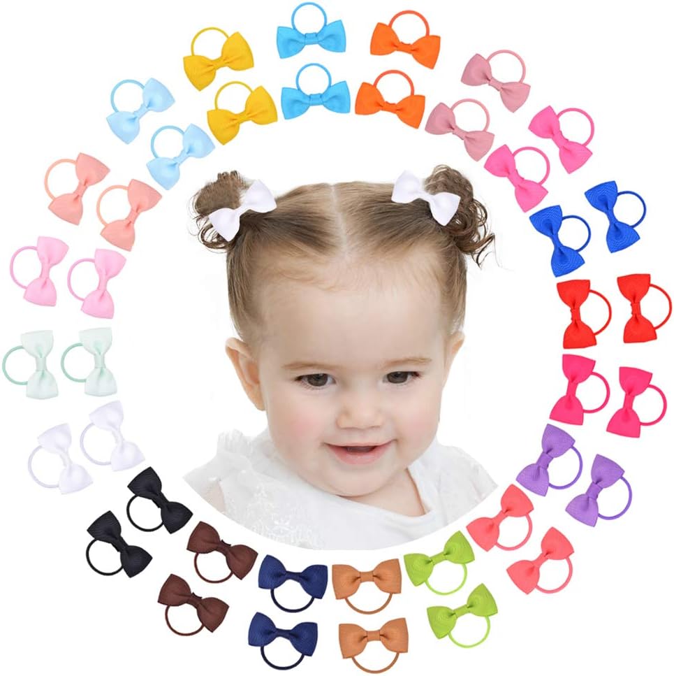 jollybows 40PCS 2 Inches Baby Girls Hair Bows Ties Mini Boutique Elastic Hair Rubber Ribbon Hair Band Accessories for Kids Toddlers Infants (40 PCS), Multi-colored