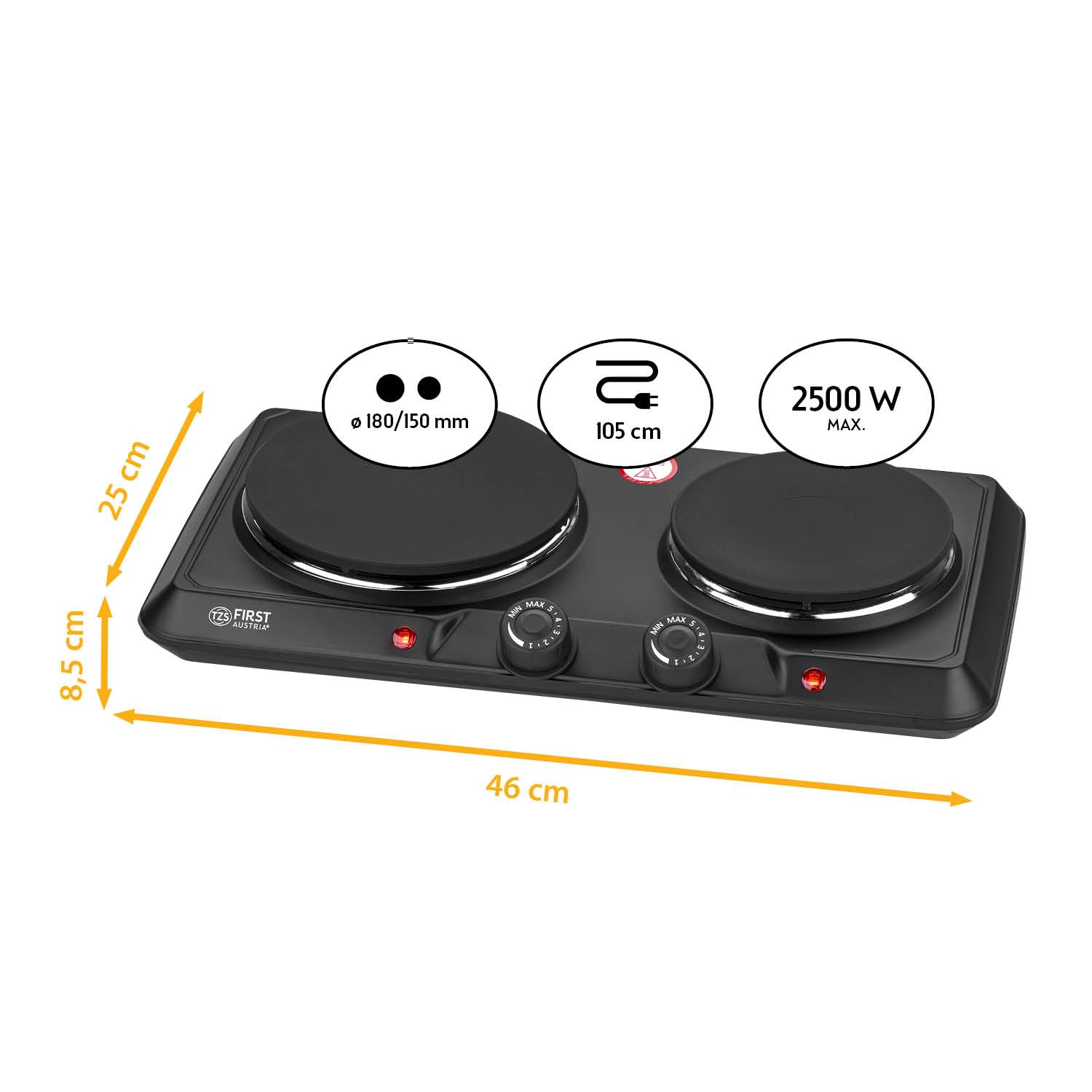 TZS First Austria - Doppia Piastra Elettrica 2500W - Piastre in Ghisa 180 & 150 mm - Termostato a Regolazione Continua - Fornello Portatile per Camping & Cucina - Nero