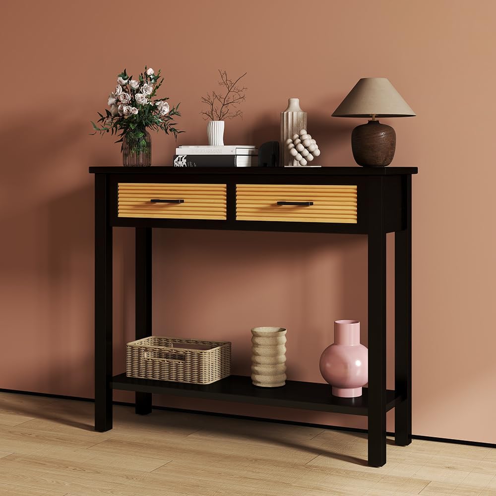 Console Table for Entryway, 38 Inch Sofa Table w/2 Drawers and Bottom Shelf Narrow Long Hallway Table for Living Room Entryway Home, Black