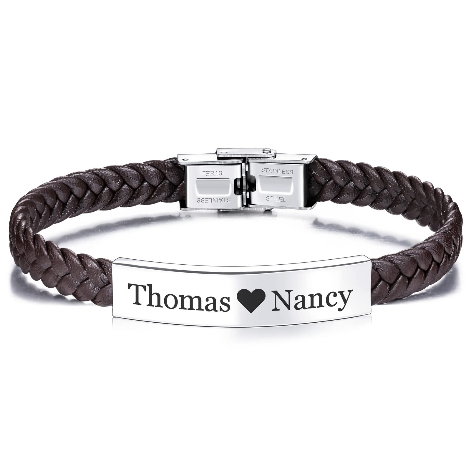 VIBOOS Pulsera con Nombre para él Pulseras Personalizadas para Hombre Acero Inoxidable Personalizado Grabado de Cuero Genuino Ajustable