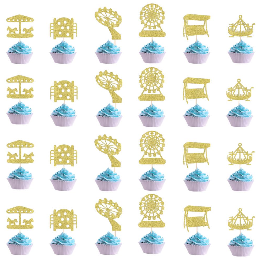 24pcs Happy Birthday Cake Topper Ferris Wheel Amusement Park Cake Topper Baby shower Theme Decor Supplies Boy Girl Happy Birthday Amusement Park Party Decorations (24-1)