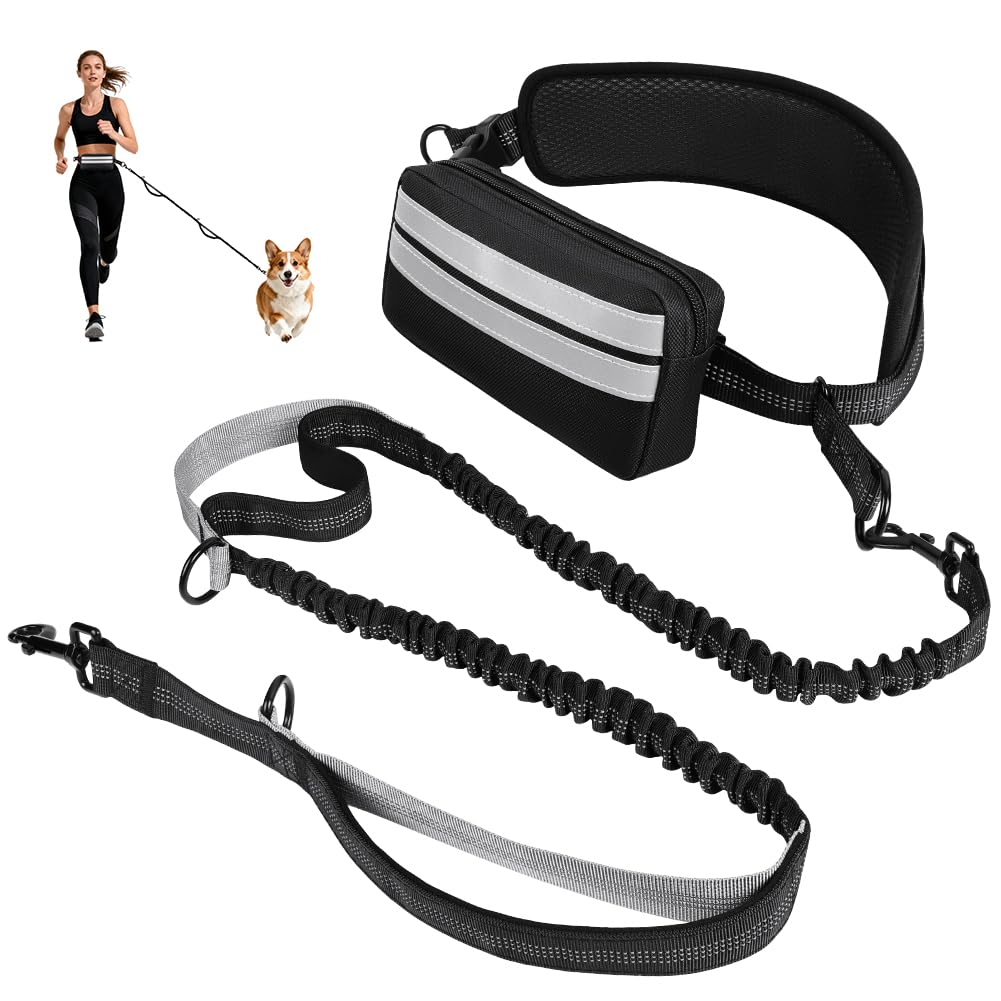 OFFCUP Hands Free Dog Lead with Adjustable Waist Belt, Reflective Waist Dog Lead for Running, Walking, Jogging, Hiking with Dual Handles and Durable Bungee (A)