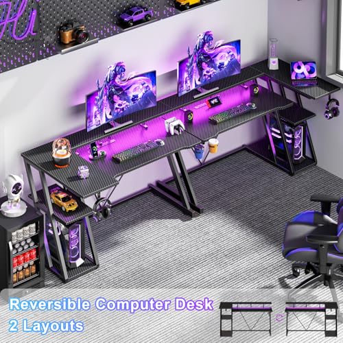 47 Inch Gaming Desk with Power Outlet & LED Lights, Corner Computer Desk with 3 Tiers Storage Shelves, Home Office Desk with Monitor Stand for Small Space, Carbon Fiber Black - Image 4