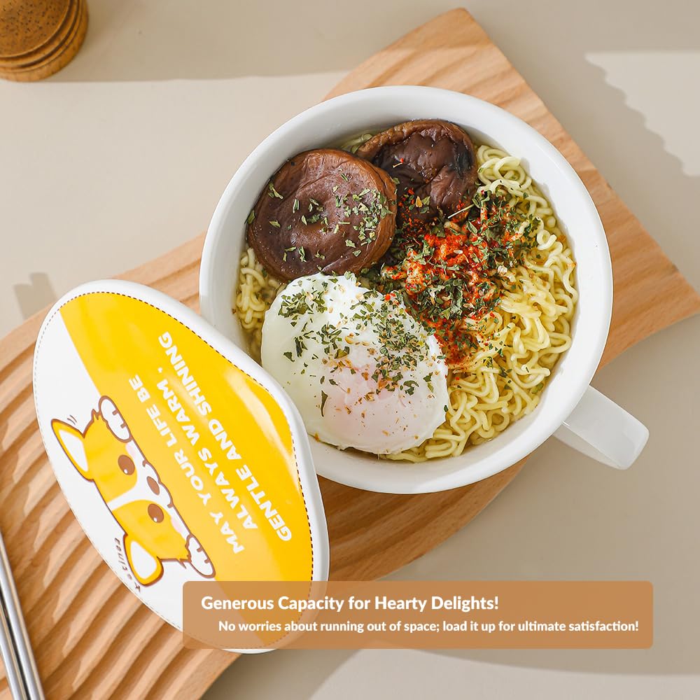 Ketinea 34oz Ceramic Ramen Bowl Set Charming, Lid, Handle, and Stainless Steel Chopsticks Elevate Your Noodle Experience Ideal Gift for Teens and Kids ()