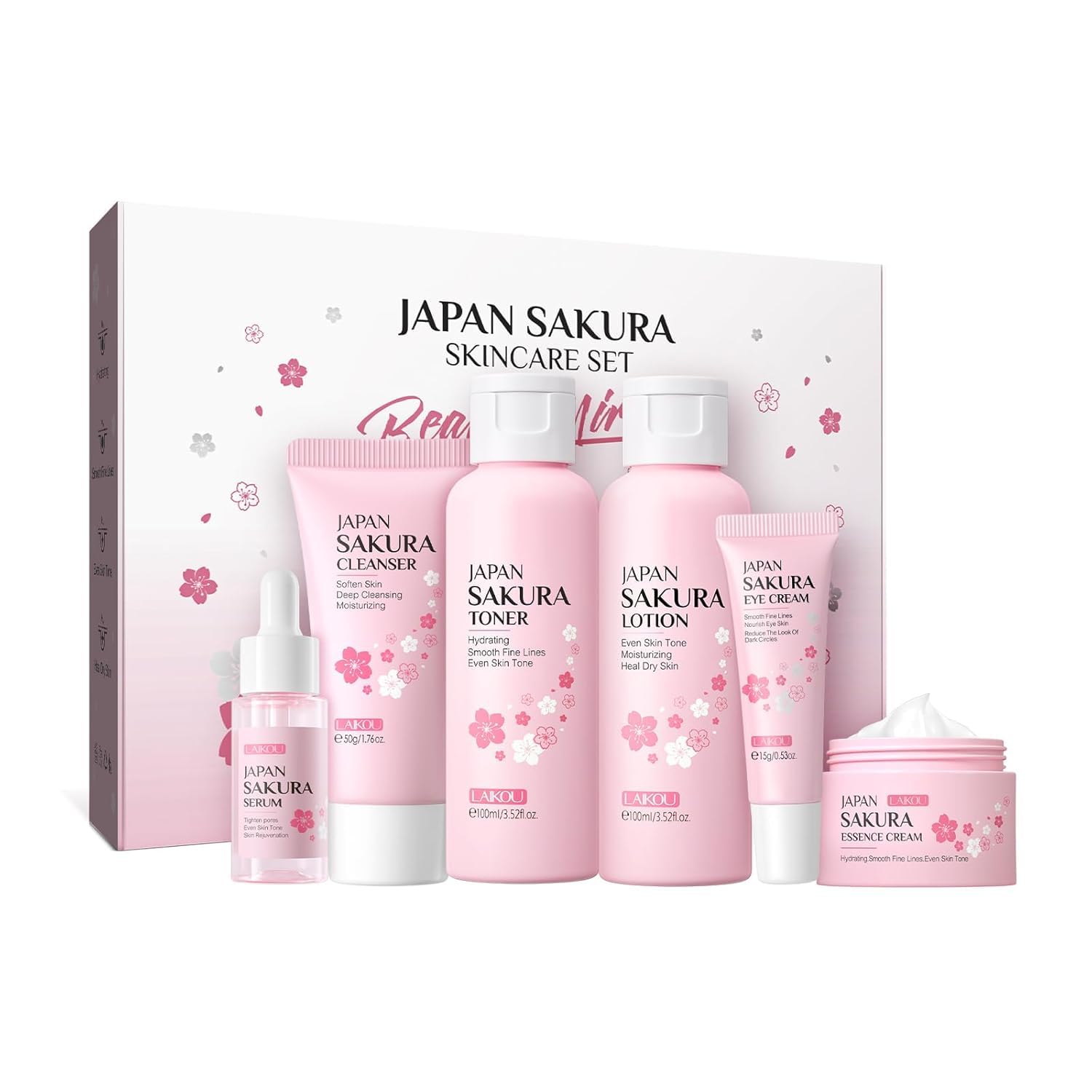 JAPAN SAKURA Skin Care Set, 6-Piece Beauty Gift Kit for Women with Cleanser, Toner, Lotion, Serum, Eye Cream, and Face Cream – TSA-Friendly Travel Sizes for Moms, Daughters, and Teens