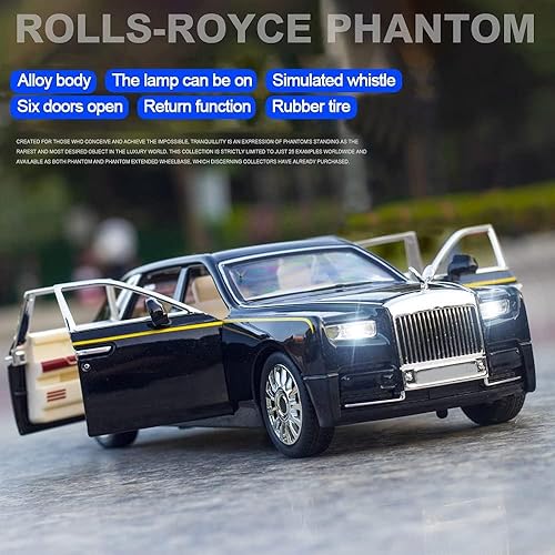 Miniatura 5 de EROCK Exquisito modelo 124 Rolls-Royce Phantom Model Car, auto de juguete de aleación de zinc con sonido y luz para regalo para niños y niñas (negro)